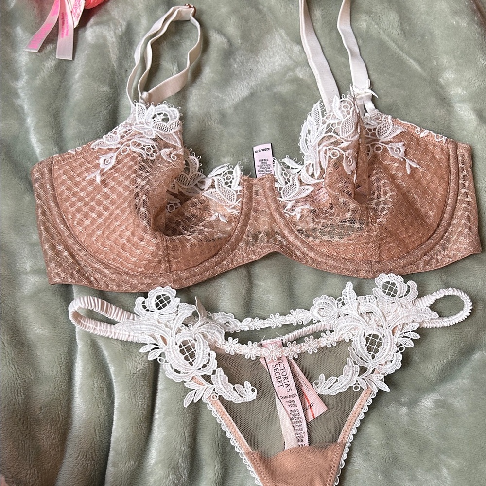 Victoria's Secret Lace Embellished Bra and Panty Set - Tan and White